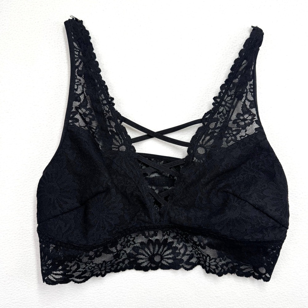 PINK Victoria's Secret‎ Black Floral Lace Strappy Crisscross Bralette Medium